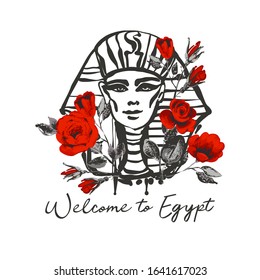 Card with welcome to egypt and pharaoh head with red roses. Egypt symbol. Ancient line pattern design. Africa hand drawn vector illustration. Linear black sketch on white background.