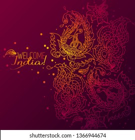 Card for welcome India, can be used as greeting card for Diwali festival, violet and golden design, vector illustration