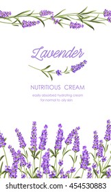 Card of white facial cream, fresh lavender flowers. Sweet floral aroma for skin care. Organic cosmetic. Vintage banner with wild flowers and medicinal herbs. Vector illustration.