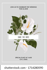 Card with white flower calla, lily, eucalyptus leaves. Wedding ornament concept. Floral poster, invitation. Vector decorative greeting card or party design. 