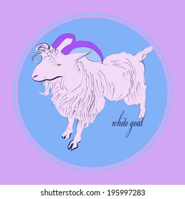 Card with white goat and text in a circle. Handmade.