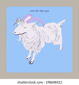 Card with white goat and text in a rounded rectangle. Handmade.