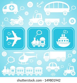 Card with white means of transport icons ob light blue background