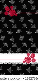 card with white roses, lace and red ribbon on black background