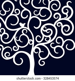 Card, white tree against a dark background.