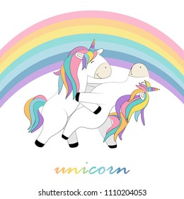 Card whith two unicorns that dance under the rainbow cartoon vector illustration