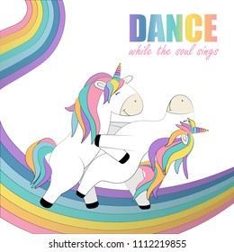 Card whith two unicorns that dance on the rainbow cartoon vector illustration