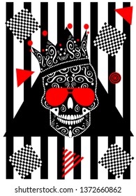 Card wih king skull icon and sunglasses, black and white stripes and red triangles