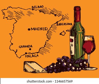 Card with wine bottle, glass and cheese and Spain map, can be used for tourism or for wine tasting, vector illustration in sketch style