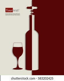 Card with wine bottle, glass and corkscrew, vector with depth