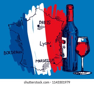 Card with wine bottle, glass and France map in national flag colors, can be used for tourism or for wine tasting, vector illustration in sketch style