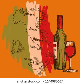 Card with wine bottle, glass and Italy map in national flag colors, can be used for tourism or for wine tasting, vector illustration in sketch style