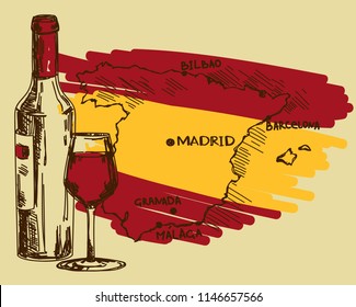 Card with wine bottle, glass and Spain map in national flag colors, can be used for tourism or for wine tasting, vector illustration in sketch style