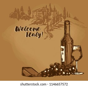 Card with wine bottle, glass and Tuscany view, can be used for tourism or for wine tasting, vector illustration in sketch style