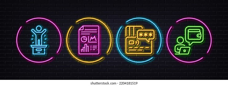 Card, Winner podium and Report document minimal line icons. Neon laser 3d lights. Wallet icons. For web, application, printing. Bank payment, First place, Growth chart. Online money. Vector