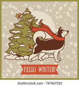  card for winter with cute siberian husky and christmas tree, retro palette, vector illustration