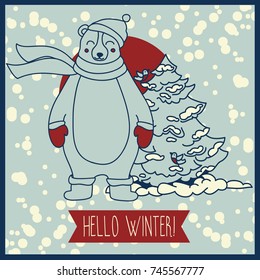  card for winter with cute smiling bear in scarf, blue and red colors, vector illustration