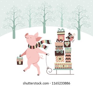 The Card with a winter forest and a fun cute new year pig carrying a sledge with patterned presents and a cute bird with a sweet and a hat on them. Vector background.