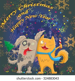  Card for the winter holidays, the cat and the dog is ready to celebrate