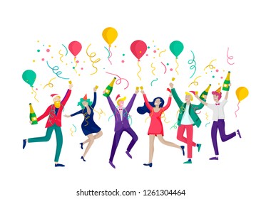 card winter Holidays corporate Party. Merry Christmas and Happy New Year Website with People Characters. Company of young friends or colleagues celebrates
