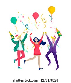 card winter Holidays corporate Party. Merry Christmas and Happy New Year Website with People Characters. Company of young friends or colleagues celebrates