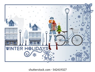 Card for the winter holidays with a cute young girl, winter bicycle, Christmas tree and other Christmas symbols. Vector illustration