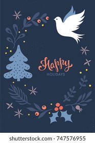 Christmas greeting card. Winter holidays design. Dove. Vector illustration.