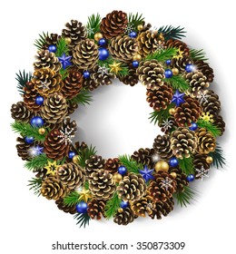 Card for the winter holidays with a realistic wreath of fir cones, fir branches and beads. Place for text. Christmas and New Year design.