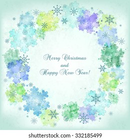 Card for the winter holidays with round  frame of snowflakes. Vector imitation of watercolor texture. Place for text. Illustration for Christmas and New Year design.