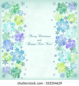 Card for the winter holidays with snowflakes. Vector imitation of watercolor texture. Place for text. Illustration for Christmas and New Year design.