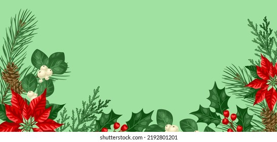 Card with winter plants. Merry Christmas and Happy New Year decoration.
