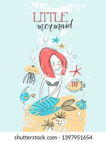 Card wirh cute beautiful mermaid sitting on the stone and sea animals. Scandinavian style. Vector illustration.