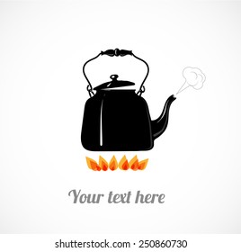 Card wit hot black boiling kettle on fire