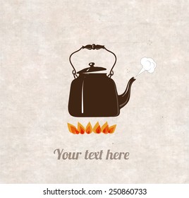 Card wit hot boiling kettle on fire