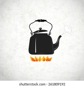 Card wit hot boiling kettle on fire