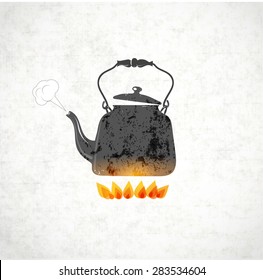 Card wit hot boiling kettle on fire
