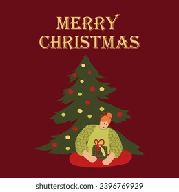 Card with woman celebrate Christmas and Happy New Year with holiday elements: tree, gift, decoration, garland. Vector cartoon flat style.