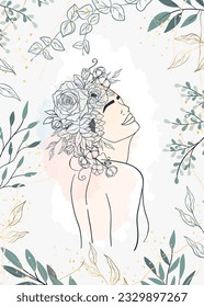 Card of woman figure with flowers, leaves, shapes in line art. Gentle silhouette young girl, bouquet, brush, drop, stroke of paint. Female portrait floral vector illustration. Greeting invitation card