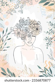 Card of woman figure with flowers, leaves, shapes in line art. Gentle silhouette young girl, bouquet, brush, drop, stroke of paint. Female portrait floral vector illustration. Greeting invitation card