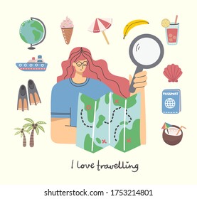 Card with the woman with the map and travel and summer holiday related objects and icons. For use on poster, banner, card and pattern collages. Modern vector flat style illustration