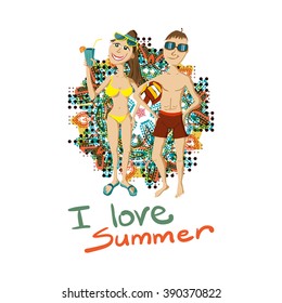 Card with woman in a swimsuit on the beach with a cocktail in hand and man in a swimsuit with a volleyball. Girl and boy On Summer beach on patterned background. Flat Design Vector card