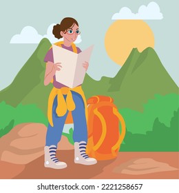 card of woman traveling with a map and backpack