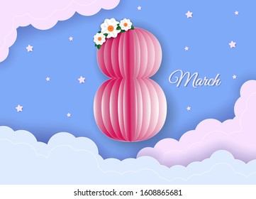 Card for women's day on March 8. Abstract background with text and flowers Vector illustration. Paper cut and craft style.