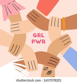 Card with women's hands. Group of women holding each other's hands. Design element for 8 March cards, posters, banners. Grl pwr. Girl power