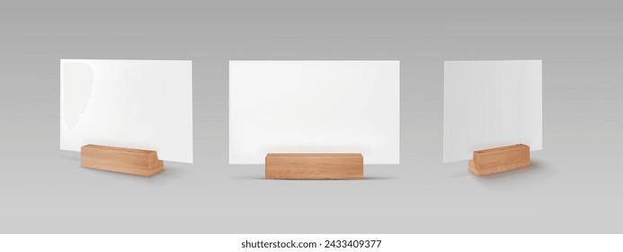 Card wooden holder mockups or restaurant table plates, realistic vector. Paper card holder for menu, guest name or table place on wood bar, business card frame with wooden holder stand with blank sign