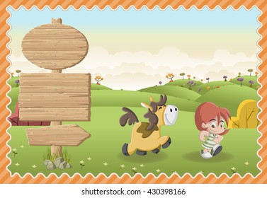 Card with a wooden signs. Cartoon boy playing with a dog on a green park.
