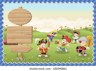 Card with a wooden signs. Cute cartoon boys wearing different costumes on a green park.
