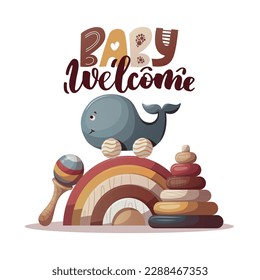 Card with wooden whale push toy, rainbow and baby's pyramid. Children's toys, kid's shop, playing, childhood concept. Square Vector Illustration for card, postcard, cover.