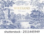 Card. Woodland. Vector vintage illustration. Blue and white. NOT AI generated