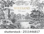 Card. Woodland. Vector vintage illustration. Black and white. NOT AI generated
